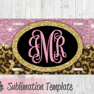 Sublimation License Plate Template - Cheetah Print Car Tag Template - Pink Glitter License Plate Design - PNG - Sublimation File