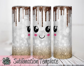 Könnte beinhalten: Sublimationsvorlage für einen Becher mit weißem Hintergrund, goldenen Glitzer am Boden und einem braunen Schokoladen-Tropfdesign. Der Becher hat ein süßes Comic-Gesicht mit großen Augen und einem Lächeln.