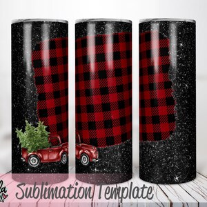 Christmas Skinny Tumbler Sublimation Template - Buffalo Plaid Tumbler Sublimation Design - Red Truck Skinny Tumbler Wrap - 20oz Tumbler