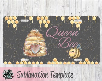 Sublimation License Plate Template - Queen Bee Car Tag Template - Honey Bee License Plate Design - Honeycomb Hive PNG - Sublimation File