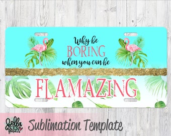 Flamingo Sublimation License Plate Template - Tropical Car Tag Template - Why Be Boring When you Can Be Flamazing License Plate Design - PNG