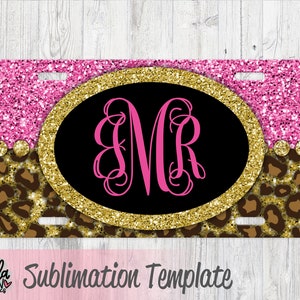 Sublimation License Plate Template - Cheetah Print Car Tag Template - Hot Pink Glitter License Plate Design - PNG - Sublimation File