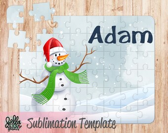 May include: A sublimation template featuring a snowman with a red hat and green scarf, standing in a snowy landscape. The template includes the name "Adam" at the top.