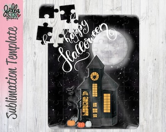 Halloween Puzzle Sublimation Design - Haunted House Puzzle Template - Happy Halloween Puzzle Sublimation Designs - Boo - Bats