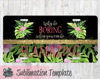 Flamingo Sublimation License Plate Template - Tropical Car Tag Template - Why Be Boring When you Can Be Flamazing License Plate Design - PNG