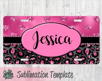 Sublimation License Plate Template - Hot Pink Car Tag Template - Pink Leopard Print License Plate Design - Pink Cheetah PNG - Sublimation