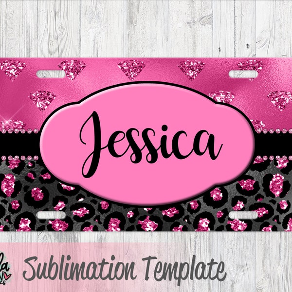 Sublimation License Plate Template - Hot Pink Car Tag Template - Pink Leopard Print License Plate Design - Pink Cheetah PNG - Sublimation