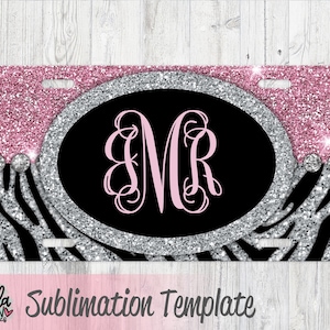 Sublimation License Plate Template - Zebra Print Car Tag Template - Pink Glitter License Plate Design - PNG - Sublimation File