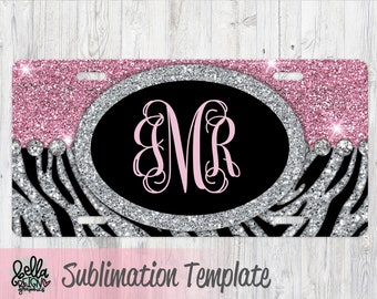 Sublimation License Plate Template - Zebra Print Car Tag Template - Pink Glitter License Plate Design - PNG - Sublimation File