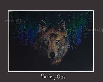 Vintage Needlepoint Kit: NORTHERN LIGHTS WOLF by Dimensions Sunset - Wolf, Night, Wildlife, Forest, Wilderness, Nature, Animals, Wildlife