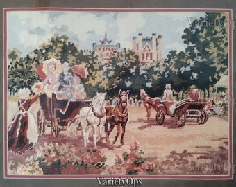 Vintage Floss Needlepoint Kit: CARRIAGE SCENE Candamar Design by M. Wyatt - England, Town, Street, Horse, Lady, Castle, Old world, Village