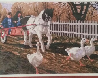 Vintage Needlepoint Kit: THE PONY CART by Elsa Williams - Children, Horse, Boy, Girl, Old days, Geese, Farm, Scene, Ride, Wagon, Country