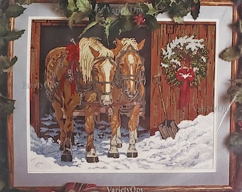 Vintage Needlepoint Kit: WINTER HORSES by Candamar Something Special, FLOSS Kit, 20x16, Christmas, Horse, Horses, barn, snow, bells, wreath