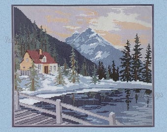 Rare, Vintage Needlepoint KIT: WINTER SOLITUDE by Bucilla - Mountains, Dock, Snow, Serene, Peaceful, Lake, Water, Trees, Sky, Nature, Zen