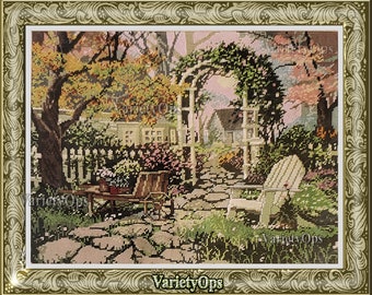 Vintage Needlepoint Kit: HEAVENLY MORNING  by Needle Treasures - Stone, walkway, Escape, Serenity, garden, trellis, arbor, nature, peaceful