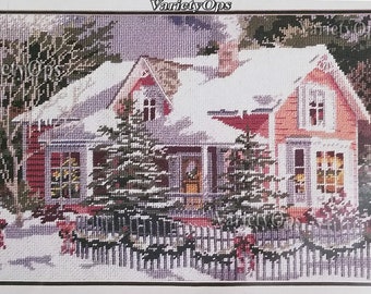 Vintage Needlepoint Kit: HOLIDAY HOUSE by Bucilla - Frost, windows, lights, sky, winter, snow, chimney, Christmas, Decorations, Fence, Trees