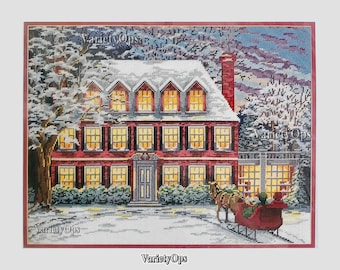Vintage Needlepoint Kit: GEORGIAN WINTER HOUSE, a Janlynn Floss Kit, Home, Windows, Trees, Lit, Lights, Sleigh, Ride, Horse, Snow, Christmas
