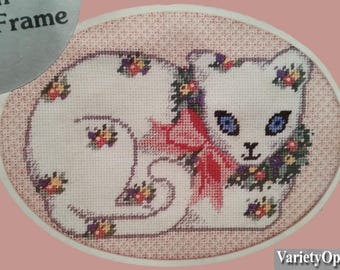 Vintage Needlepoint Kit: FLORAL KITTEN Floss Kit w/Frame & Pink-White Double Matting - pink, flowers, Pets, White, Cat, Kitten