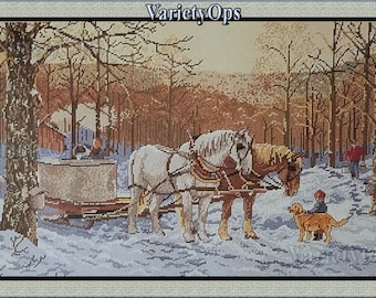 Rare Needlepoint Kit: SUGARING OFF from Heritage Collection by Elsa Williams, FLOSS, horse, trees, woods, snow, winter, people, dog, boy