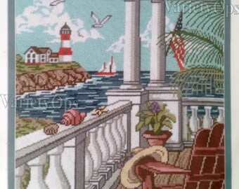 Vintage Needlepoint Kit: WATERFRONT PORCH a Home Creations Floss Kit, Sea, Shore, Bay, Ocean, USA Flag, Lighthouse, Palm, Nautical, Boat