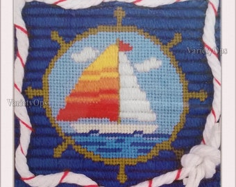 Vintage Needlepoint Kit: SHIP AHOY by Sunset, 5x5 sz - White Rope Trim, Nautical, Sail, boat, Sailboat, water, sea, ocean, lake, blue. white