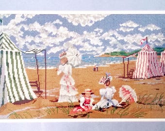 Rare Needlepoint Kit: BEACH TENTS 1900 by Elsa Williams, Sea, Shore, Ocean, Waves, Blue, Sky, Water, Sky, Lady, Victorian, beach, People