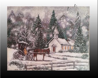Vintage Needlepoint Kit: WHITE CHURCH by Sunset - Church, Snow, falling snow, Coach, Horse, Buggy, winter, frost, riding, Cart