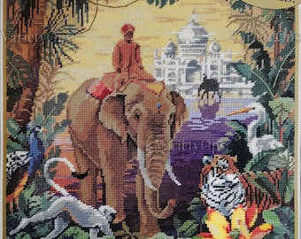 Vintage Needlepoint KIT: JEWEL of INDIA by Bucilla presenting a Nancy Ross design, Elephant, Culture, India, Monkey, Tiger, Birds, Animals