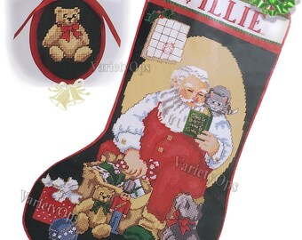 Vintage Needlepoint Kit: PACKING UP Stocking Includes Free ORNAMENT by Needle Treasures, Gold Accents, Santa, Claus, Toys, Cat, Dog, Puppy