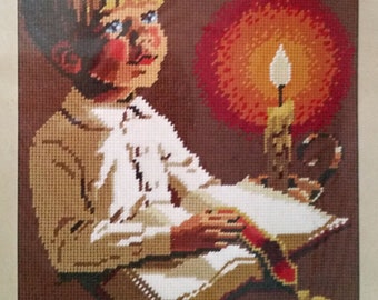 Vintage Needlepoint Kit: FAITH by Sunset - Boy, Child, Bible, Religion, Religious, Holy, Study, Candle, Glow, Blue eyes, Believe, Belief