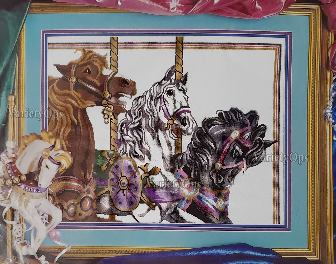 Vintage CAROUSEL HORSES Needlepoint Kit by Candamar, Metallic Accents ...