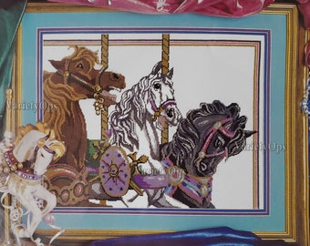 Vintage Needlepoint Kit: CAROUSEL HORSES by Candamar, FLOSS Kit, Metallic accents,  Circus, fair, rides, horses, carnival, merry-go-round