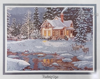 Vintage Needlepoint Kit: The HIDEAWAY - Deer, Cabin, Floss Kit By Elsa Williams Heritage Collection, Winter, Lodge, House, Water, Trees