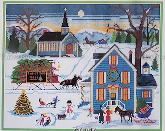Vintage Needlepoint Kit: A Charles Wysocki NEW ENGLAND CHRISTMAS by Dimensions, church, town, horse, sleigh, snow, winter, village, trees