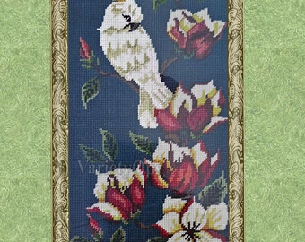 Vintage Needlepoint Kit: CRESTED COCKATOO - Birds, Parrots, Tropical, Island, Exotic, Jungle, White, Birds, Bird, Nature, Flowers