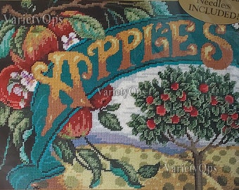 Vintage Needlepoint Kit: APPLE CRATE by Bucilla, Apples, Apple, Tree, Food, Fresh, Fruit, Nature, Grow, Orchard, Word, Letters, Field, Farm