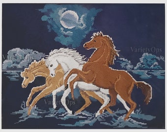 Rare Vintage Floss Needlepoint Kit: MOONLIGHT HORSES Picture, Something Special Kit by Candamar Designs, Horses, Mare, Stallion, White, trio