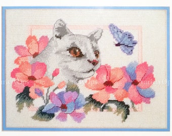 Vintage Needlepoint Kit: GARDEN FELINE - Dimensions From The Heart Collection Cat, Flowers, Butterfly, Nature, Outdoors, Eyes, Amber eyes