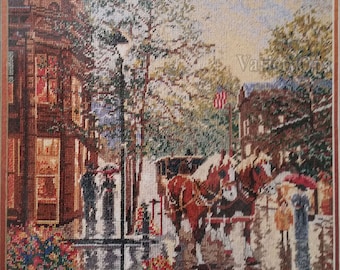 Rare Vintage Needlepoint Kit: APRIL in OLD ASPEN Heritage Collection by Elsa Williams - City, Horse, Street, carriage, Town, Scene, People