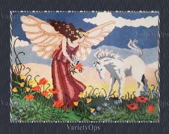 Vintage Needlepoint Kit: 1980 MYTHICAL MEADOW by Dimensions - Fantasy, Fairy, Wings, Magic, Mythical, White, Unicorn, Flowers, blue sky, Sky