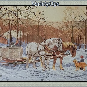 20x14 SUGARING OFF Needlepoint Kit Heritage Collection by Elsa Williams, FLOSS, horses, trees, woods, snow, winter, people, nature, dog, boy