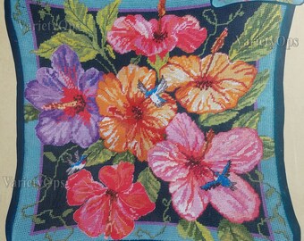 Vintage Needlepoint Kit: RAINBOW HIBISCUS a Candamar Designs FLOSS Kit, Flowers, Hummingbird, Nature, Birds, Bright, Colors, Spring, Summer