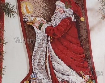 Vintage SANTA'S WISH LIST Stocking Needlepoint Kit by Janlynn - St Nick, Claus, Father Christmas, reading, list, toys, name, candle, light