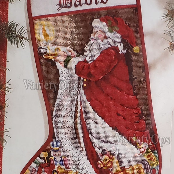 Vintage SANTA'S WISH LIST Stocking Needlepoint Kit by Janlynn - St Nick, Claus, Father Christmas, reading, list, toys, name, candle, light
