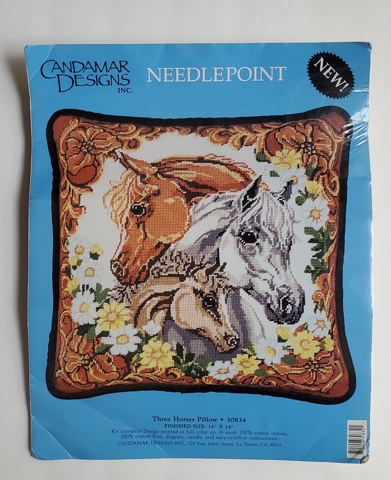 Vintage THREE HORSES PILLOW Needlepoint Kit By Candamar Etsy