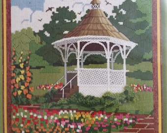 Vintage Needlepoint Kit: SPRINGTIME GAZEBO by Dimensions Sunset Designs - Spring, summer, flowers, path, birds, white, gazebo, nature