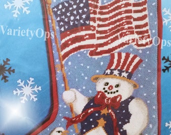 Vintage Needlepoint Kit: ALL AMERICAN SNOWMAN Stocking Floss Kit by Candamar - Winter, Eagle, Bird, American, Flag, Patriotic, Pride, Snow