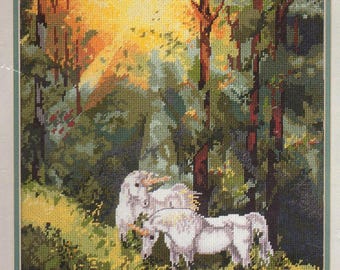 Rare Needlepoint Kit:  CHANGING LIGHT by Candamar Designs - FLOSS Kit, Fantasy, Magic, Mythical, White, Unicorn, forest, light, sunlight