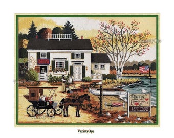 Vintage Needlepoint Kit: Charles Wysocki's BIRCH POINT COVE by Dimensions, Flag, Horse, Boat, Water, Birds, Bay, Cove, Water, Fishing, Camp