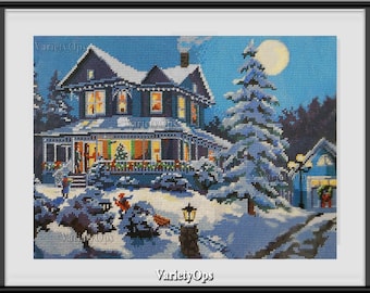 Vintage Needlepoint KIT: CHRISTMAS HOUSE by Bucilla - Snow, winter, frost, moonlight, window, glow, light, trees, decorations, moon, night